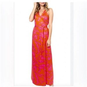 JB by Julie Brown Orange and Pink V-Neck Printed Maxi Wrap Dress